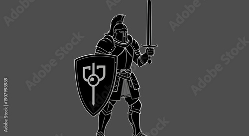 Medieval Knight Standing with Sword and Shield Emblem.