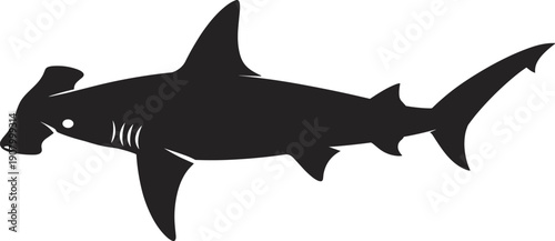 Hammerhead shark silhouette illustration, flat vector design, ocean predator fish side view, black marine animal isolated on white