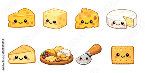 Cute kawaii cheese characters and cheese platter with smiling faces