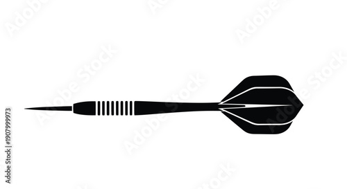A black dart with a pointed tip and fletching isolated on white