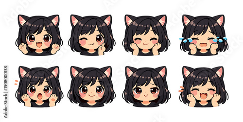 Anime girl emoji collection with cat ears and various expressions
