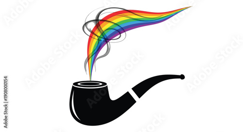 Black smoking pipe releasing a colorful rainbow swirl against a white background, symbolizing creativity and imagination.