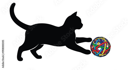 A black silhouette of a cat playfully batting at a colorful yarn ball