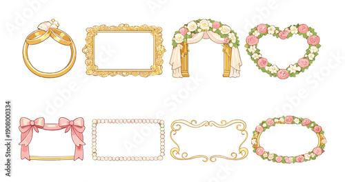 Elegant gold and floral wedding elements collection with rings and frames