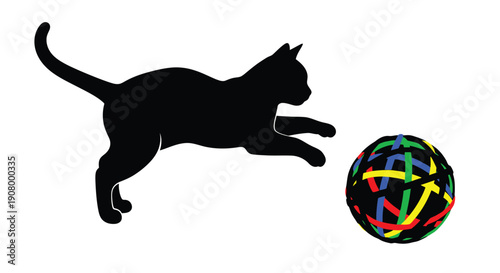 A black cat silhouette playfully reaches towards a colorful patterned ball
