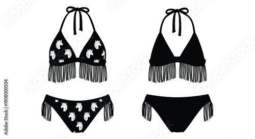 Black and patterned bikini set with fringe details displayed on a white background