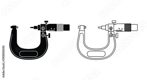 Two illustrations of micrometer calipers one solid black one white outline