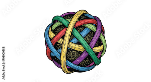 Colorful interwoven rubber bands forming a spherical textured shape