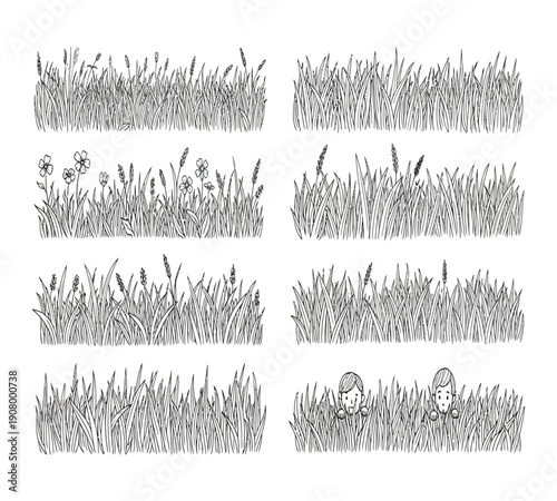 A collection of sketched grass borders with wildflowers and hidden figures of children high quality professional