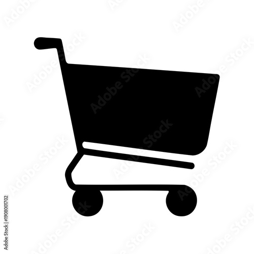 Black and white shopping cart icon with rounded wheels and handle