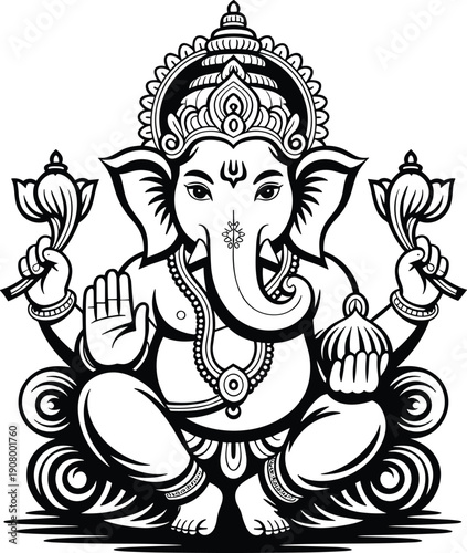 Ganesha Sitting Pose Holding Lotus Flower and Modak - Black and White Line Art