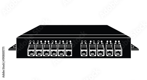 Black network switch with multiple rj45 ports isolated on white