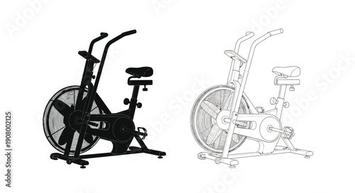 Black and white illustration of an air resistance exercise bike side and perspective