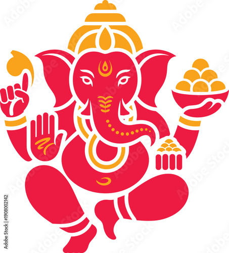 Ganesha Sitting with Sweets, Red and Yellow, Hindu Deity, Stock Illustration