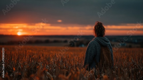 Person With Backpack Overlooking Harvested Cornfield Under A Warm Sunset