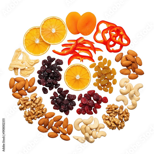 Assorted dried fruits and nuts arranged in a circular pattern. isolated on transparent background