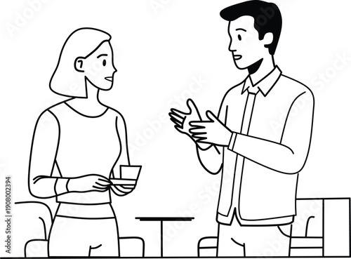 Business meeting conversation between male and female colleagues exchanging ideas and discussing work strategy in modern office line art illustration isolated on transparent background