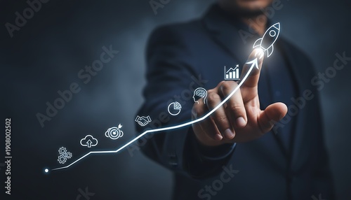 Man's finger tracing a glowing upward graph with rocket icon, representing startup growth, success, and innovation.