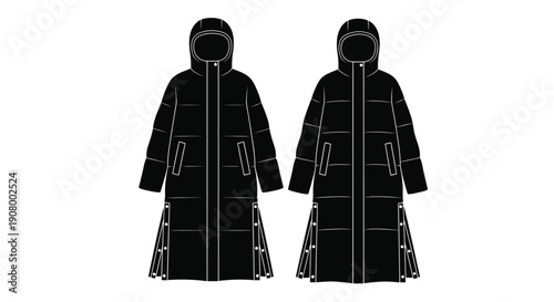 Two black hooded winter coats displayed in a technical fashion illustration
