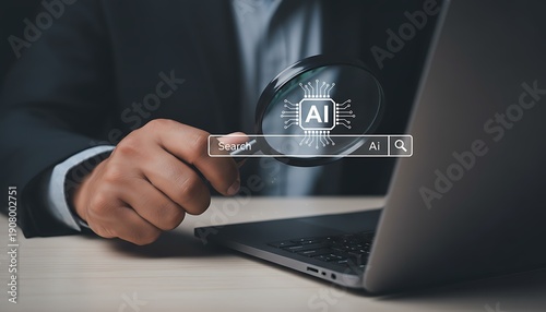 Man holds magnifying glass over AI chip icon on a laptop screen, symbolizing AI research and development