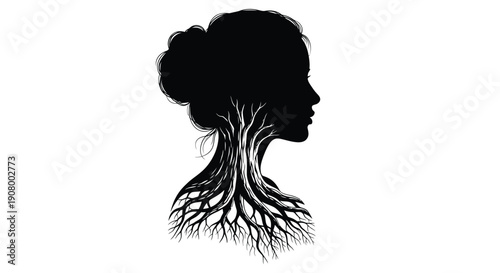 Silhouette of a woman with a tree growing from her neck, symbolizing growth and nature connection.