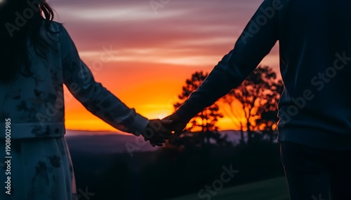 Couple holding hands at sunset overlooking a scenic landscape, romantic evening togetherness