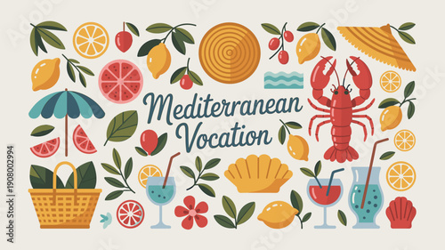Mediterranean Vacation Flat Illustration with Seafood Citrus Fruits and Summer Travel Elements