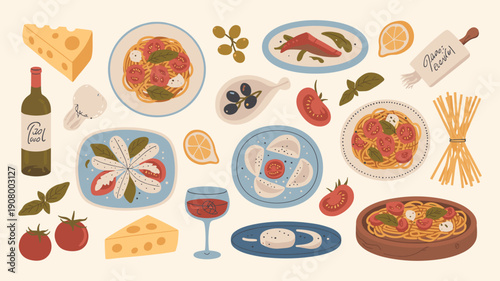 Italian Food and Cuisine Flat Illustration Set with Pasta Pizza Cheese Wine and Traditional Dishes