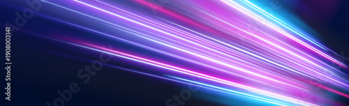 Dynamic glowing arcs flow across a dark abstract scene, forming a path of speed. Particles shimmer along curves. Perfect for digital motion vector.