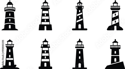 Lighthouse Silhouette Icons Set with Coastal Beacon Towers and Maritime Navigation