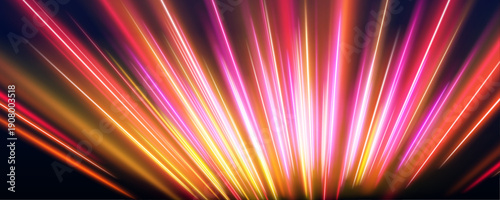 Glowing arcs twist and stretch diagonally, creating a dynamic sense of acceleration. Light particles shimmer along paths. Designed for modern vector.