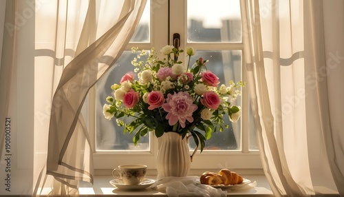 Morning coffee and pastries by the window with a bouquet of pink and white roses, soft curtains