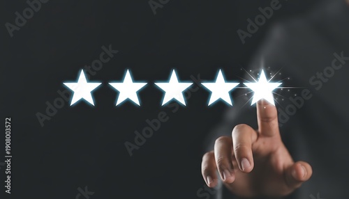 Customer satisfaction concept with a finger selecting five glowing stars for a high rating