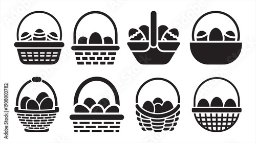 Easter Egg Basket Silhouette Icon Set – Holiday Vector Illustration. Easter Basket with Eggs Vector Icon Collection – Spring Holiday Design.