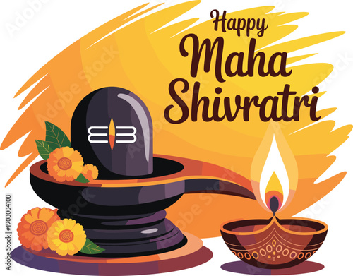 Happy Maha Shivratri Festival Greeting with Shiva Lingam and Diya Lamp