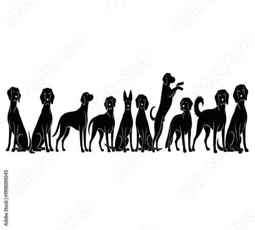 Silhouette depiction of various dog breeds in a continuous horizontal arrangement high quality professional detailed modern