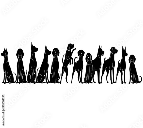 A line of various dog breeds depicted in solid black silhouettes against a white background