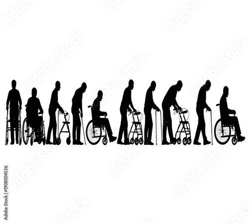 Silhouettes depicting human evolution including stages of walking crawling and assisted mobility high quality professional detailed