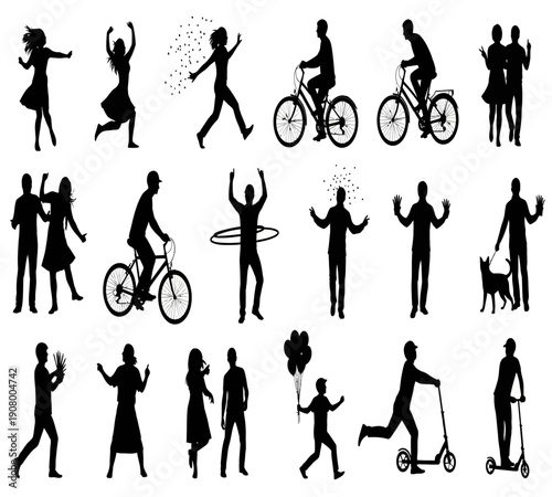 Diverse collection of black silhouettes depicting people engaged in various outdoor activities high quality professional detailed