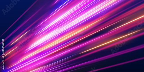 Bright neon streaks spiral through a night scene, creating a sense of speed and motion. Energy pulses along curves. Designed for tech vector.