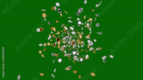 Exploding gold and silver coins transparent background with green screen and alpha matte. 3d animation in 4k quality for compositing.	