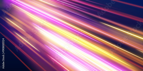 Neon ribbons curve and twist through a futuristic abstract backdrop. Bright particles shimmer along trails. Designed for bold vector art.