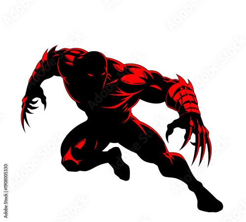 A dynamic illustration of a red and black superhero in a crouching attacking pose high quality