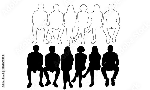 Group of people sitting in row of chairs in outline and solid silhouette styles for waiting room, audience seating, seminar panel, job interview queue and public gathering concept