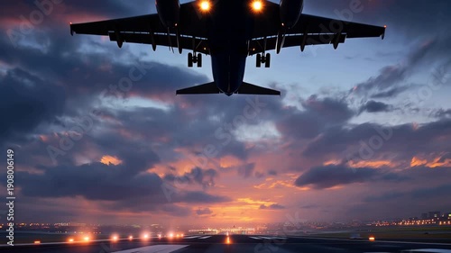 Airplane takes off into a colorful sunset sky, showcasing a blend of clouds and vibrant colors over the busy airport runway