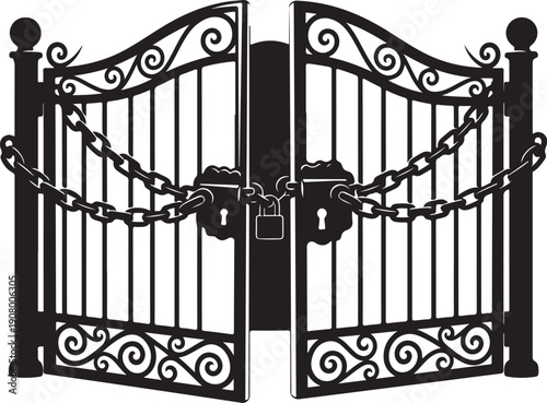 Black Iron Gate with Chain and Padlock Security