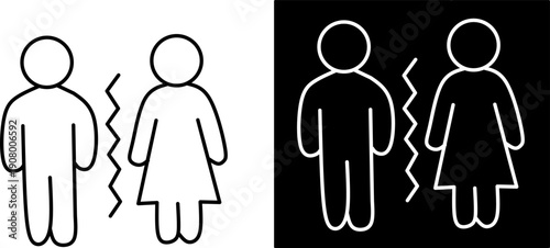 Divorce couple icon with separated man and woman figures in black and white line style. Minimal breakup and relationship separation symbol for legal, social, and UI design.