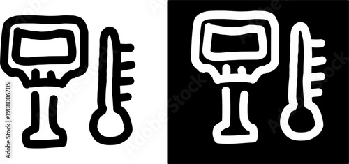 Digital thermometer and monitor icon in black and white, minimal line art symbol for temperature control, measurement, climate or health monitoring concept.