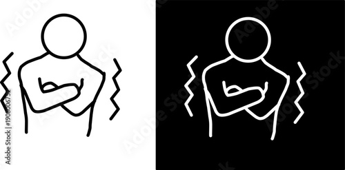 Human figure icon holding arm with pain waves, shown in black and white versions, minimal line art symbol for injury, ache, medical or health concept.