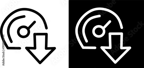Minimal black and white speedometer icon set with download arrow, positive and negative versions symbolizing performance, speed, and data transfer.